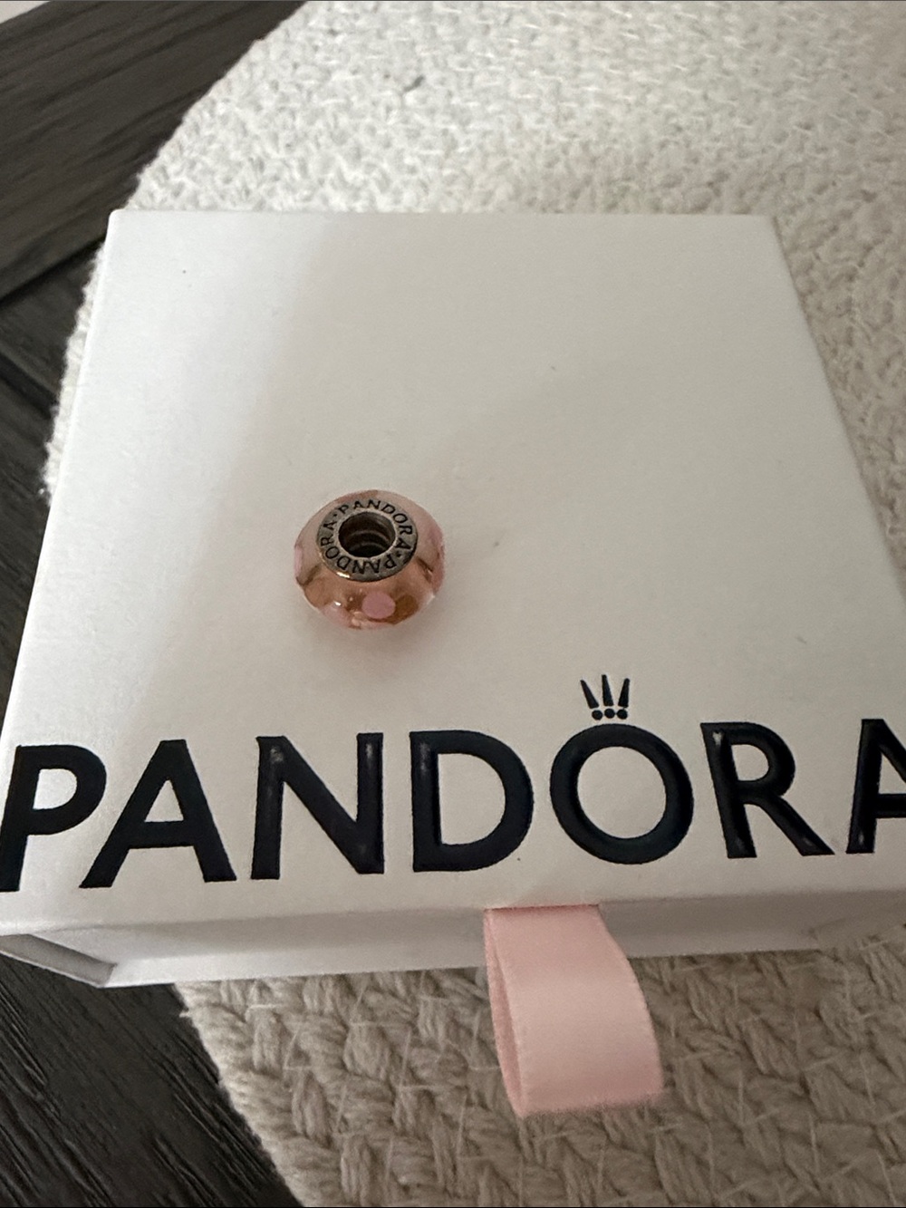 Pandora Pink Glass Floral Spacer Charm with Sterling Core